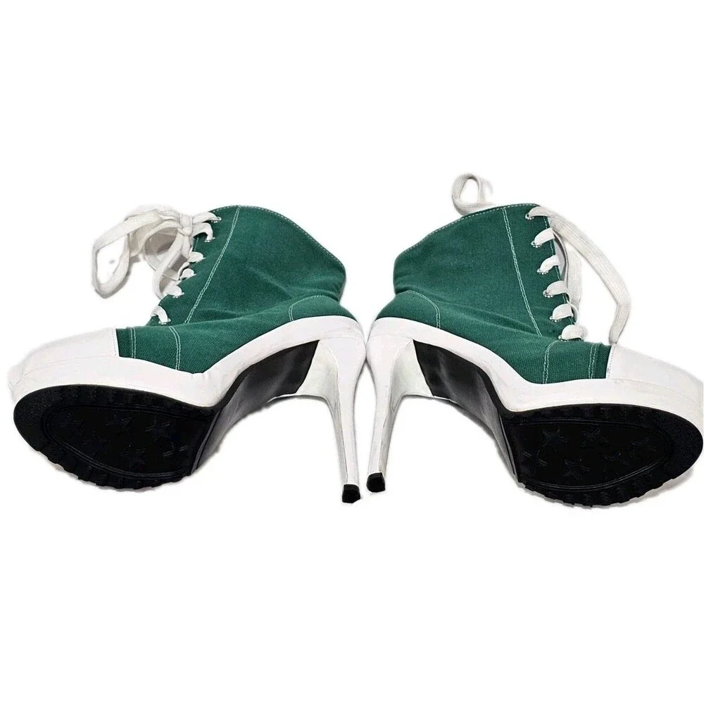 Canvas Sneaker Boot Heels Platform Stiletto Green White Lace Up Zip Women 38 7.5